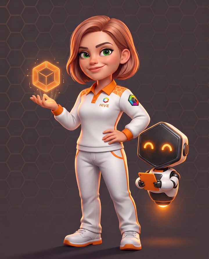 Hive, a maestra do Squad IA, de uniforme branco e laranja da Manusis4, com o robô M4 ao lado